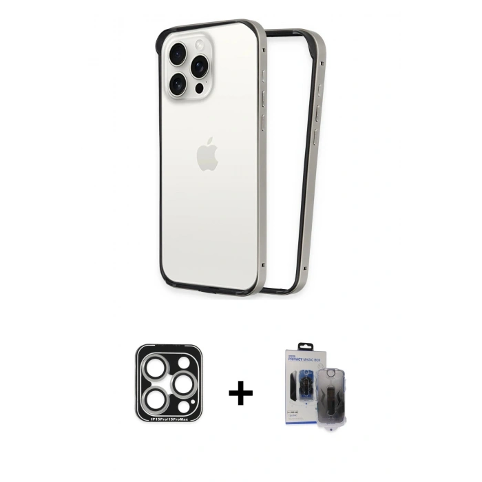 MARSİLYAN™- iPhone 15 Pro Max Kılıf Pusula Asil Koleksiyonu - Siyah Vanessa Magic Hayalet Cam + PVD Metal Kamera Lens - GS