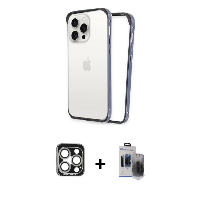 MARSİLYAN™- iPhone 15 Pro Max Kılıf Pusula Asil Koleksiyonu - Siyah Vanessa Magic Hayalet Cam + PVD Metal Kamera Lens - GS