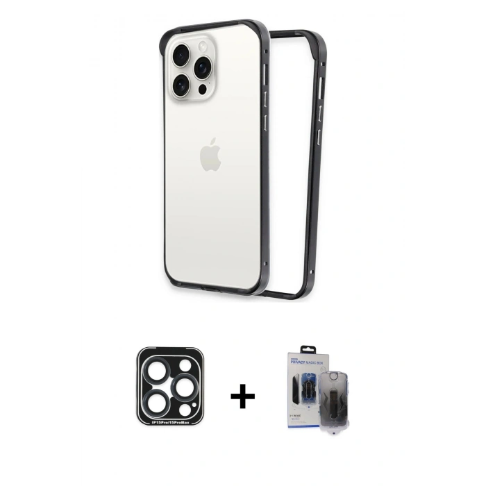 MARSİLYAN™- iPhone 15 Pro Max Kılıf Pusula Asil Koleksiyonu - Siyah Vanessa Magic Hayalet Cam + PVD Metal Kamera Lens - LT