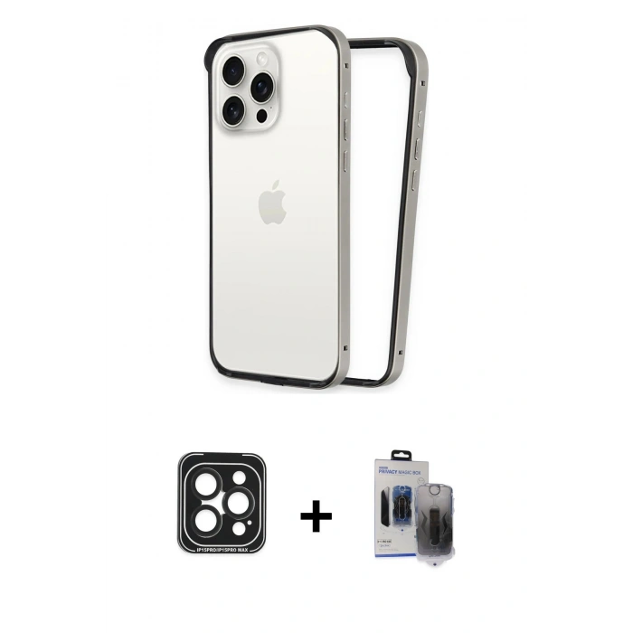 MARSİLYAN™- iPhone 15 Pro Max Kılıf Pusula Asil Koleksiyonu - Siyah Vanessa Magic Hayalet Cam + PVD Metal Kamera Lens - SH