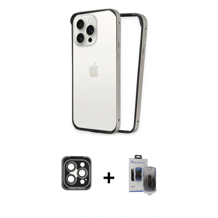 MARSİLYAN™- iPhone 15 Pro Max Kılıf Pusula Asil Koleksiyonu - Siyah Vanessa Magic Hayalet Cam + PVD Metal Kamera Lens - GI