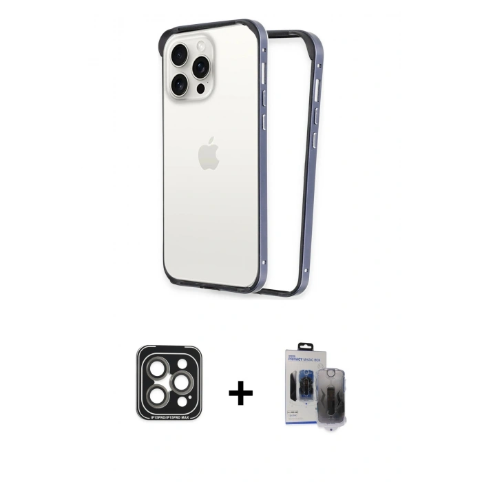 MARSİLYAN™- iPhone 15 Pro Max Kılıf Pusula Asil Koleksiyonu - Siyah Vanessa Magic Hayalet Cam + PVD Metal Kamera Lens - GI
