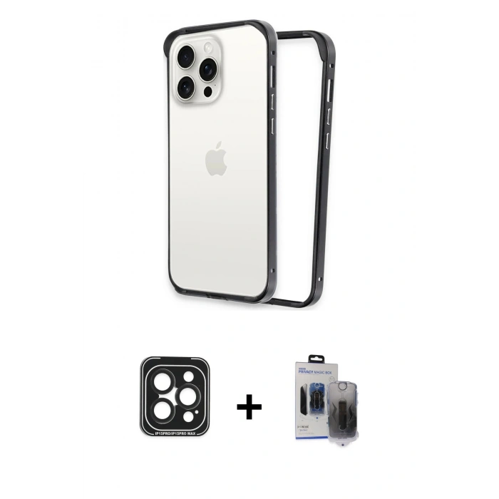 MARSİLYAN™- iPhone 15 Pro Max Kılıf Pusula Asil Koleksiyonu - Siyah Vanessa Magic Hayalet Cam + PVD Metal Kamera Lens - SH