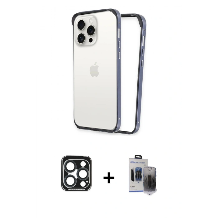 MARSİLYAN™- iPhone 15 Pro Max Kılıf Pusula Asil Koleksiyonu - Siyah Vanessa Magic Hayalet Cam + PVD Metal Kamera Lens - LT