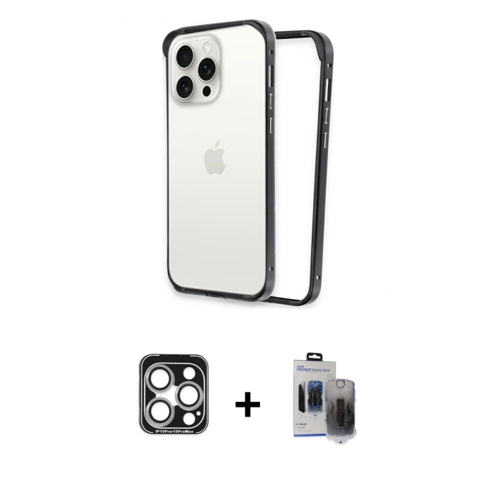 MARSİLYAN™- iPhone 15 Pro Max Kılıf Pusula Asil Koleksiyonu - Siyah Vanessa Magic Hayalet Cam + PVD Metal Kamera Lens - GS