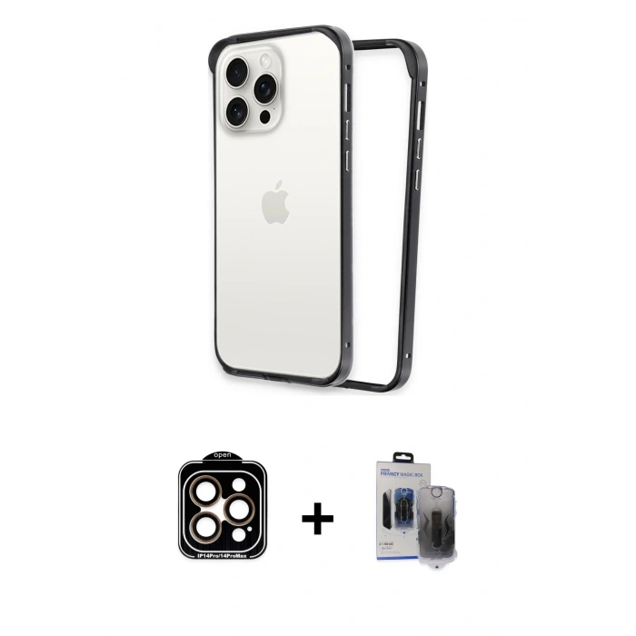 MARSİLYAN™- iPhone 15 Pro Max Kılıf Pusula Asil Koleksiyonu - Siyah Vanessa Magic Hayalet Cam + PVD Metal Kamera Lens - TU