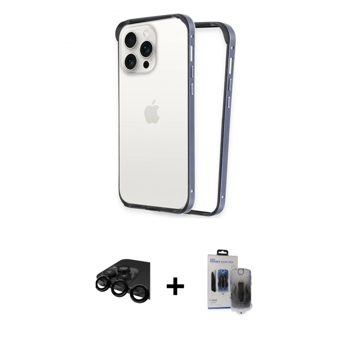 MARSİLYAN™- iPhone 15 Pro Max Kılıf Pusula Asil Koleksiyonu - Siyah Vanessa Magic Hayalet Cam + Raze Metal Kamera Lens - SH
