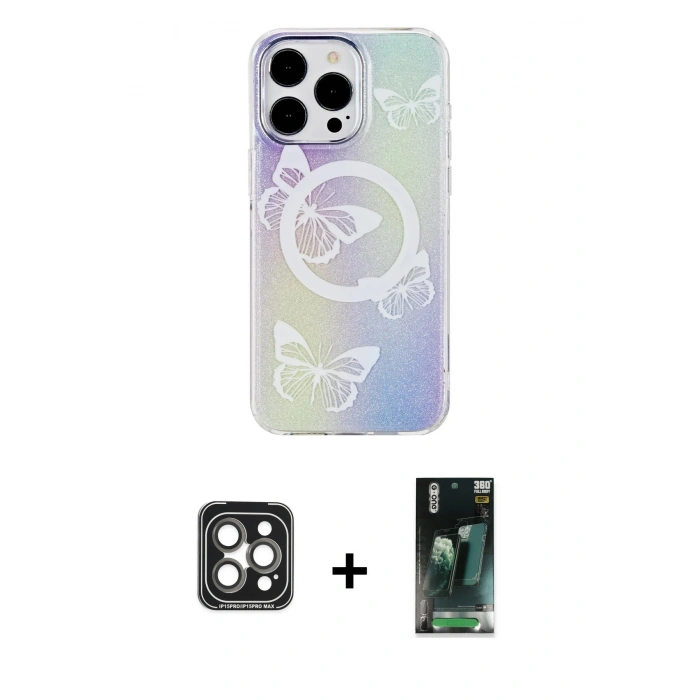 MARSİLYAN™- iPhone 15 Pro Max Kılıf Pusula Form - Şeffaf 360 Full Body Arka Koruyucu + PVD Metal Kamera Lens - GI