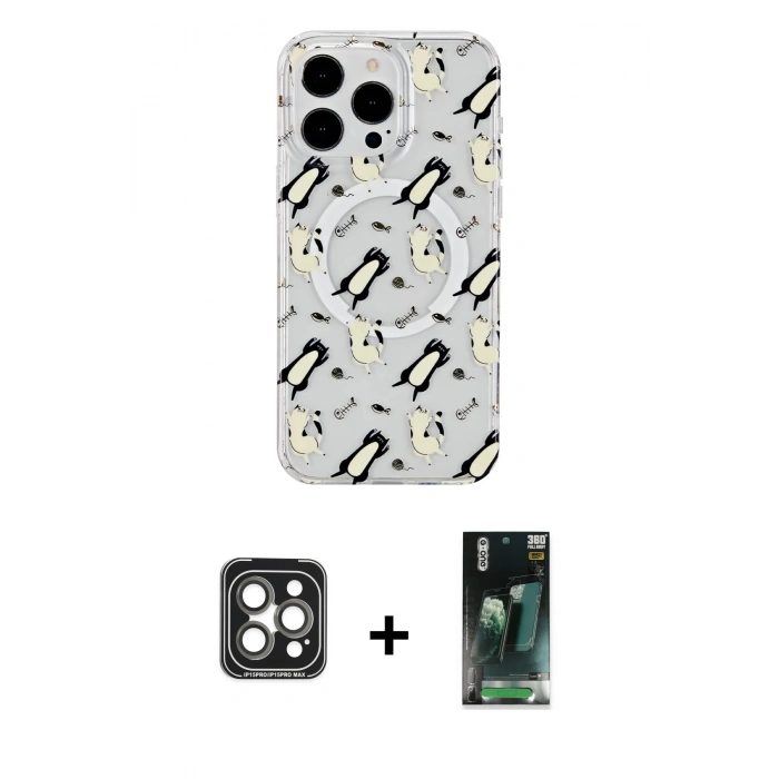 MARSİLYAN™- iPhone 15 Pro Max Kılıf Pusula Form - Şeffaf 360 Full Body Arka Koruyucu + PVD Metal Kamera Lens - GI