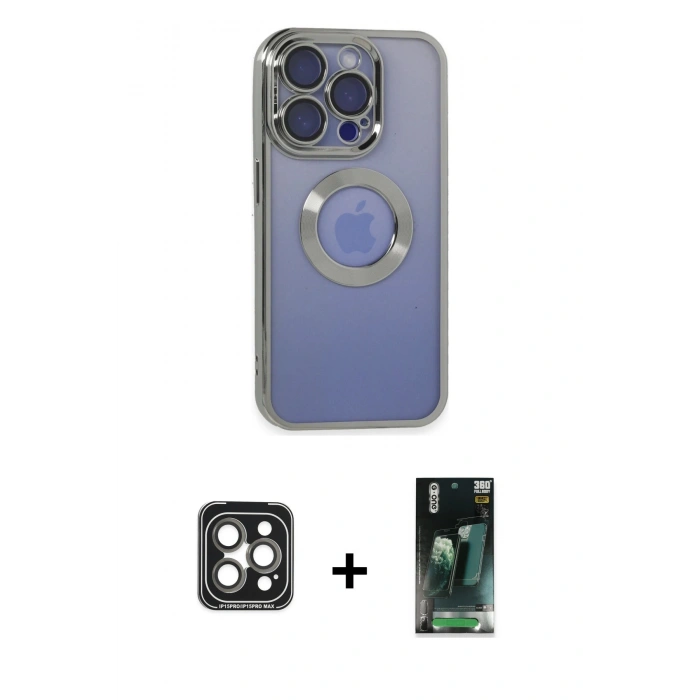 MARSİLYAN™- iPhone 15 Pro Max Kılıf Pusula Form - Şeffaf 360 Full Body Arka Koruyucu + PVD Metal Kamera Lens - GI