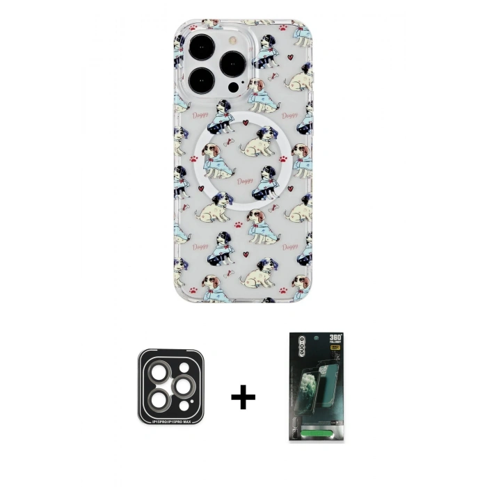 MARSİLYAN™- iPhone 15 Pro Max Kılıf Pusula Form - Şeffaf 360 Full Body Arka Koruyucu + PVD Metal Kamera Lens - GI