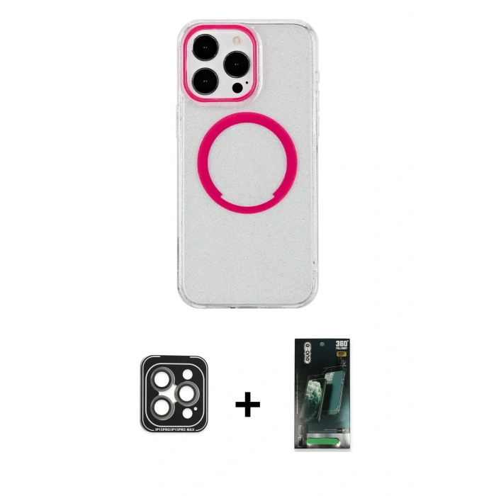 MARSİLYAN™- iPhone 15 Pro Max Kılıf Pusula Form - Şeffaf 360 Full Body Arka Koruyucu + PVD Metal Kamera Lens - GI