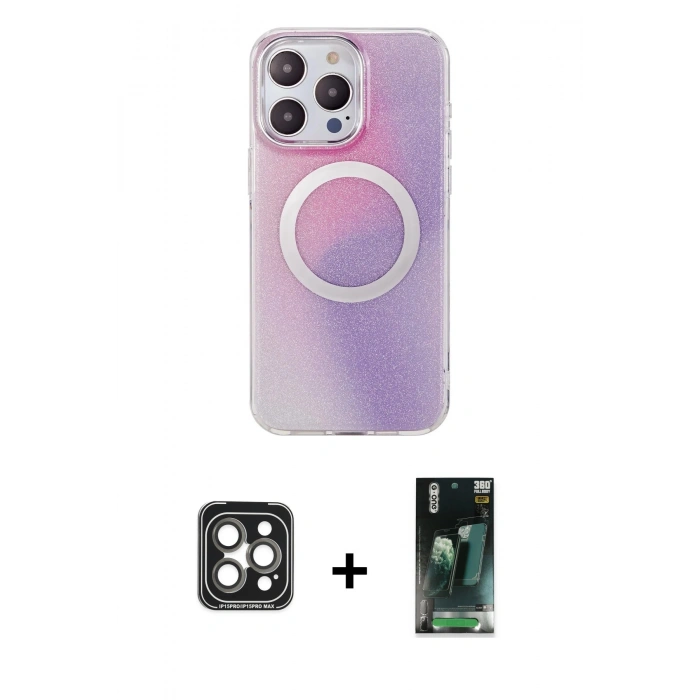 MARSİLYAN™- iPhone 15 Pro Max Kılıf Pusula Form - Şeffaf 360 Full Body Arka Koruyucu + PVD Metal Kamera Lens - GI