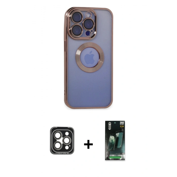 MARSİLYAN™- iPhone 15 Pro Max Kılıf Pusula Form - Şeffaf 360 Full Body Arka Koruyucu + PVD Metal Kamera Lens - GI