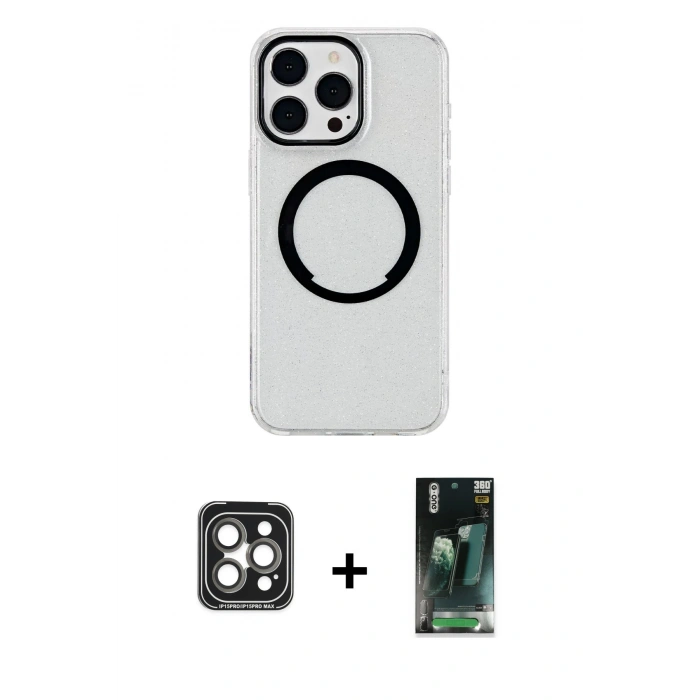 MARSİLYAN™- iPhone 15 Pro Max Kılıf Pusula Form - Şeffaf 360 Full Body Arka Koruyucu + PVD Metal Kamera Lens - GI
