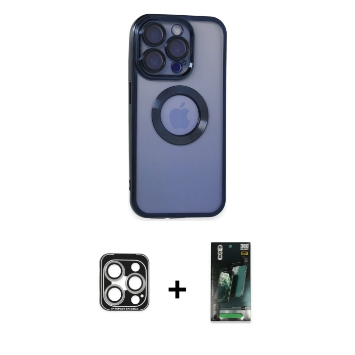 MARSİLYAN™- iPhone 15 Pro Max Kılıf Pusula Form - Şeffaf 360 Full Body Arka Koruyucu + PVD Metal Kamera Lens - GS