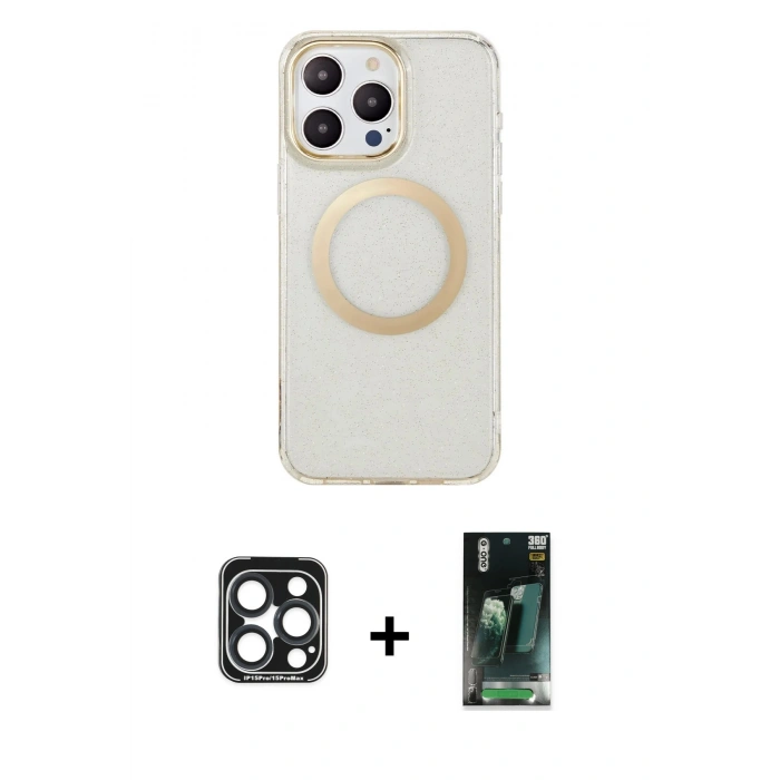 MARSİLYAN™- iPhone 15 Pro Max Kılıf Pusula Form - Şeffaf 360 Full Body Arka Koruyucu + PVD Metal Kamera Lens - LT