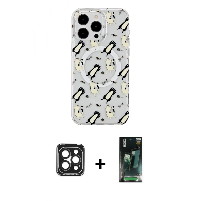 MARSİLYAN™- iPhone 15 Pro Max Kılıf Pusula Form - Şeffaf 360 Full Body Arka Koruyucu + PVD Metal Kamera Lens - SH