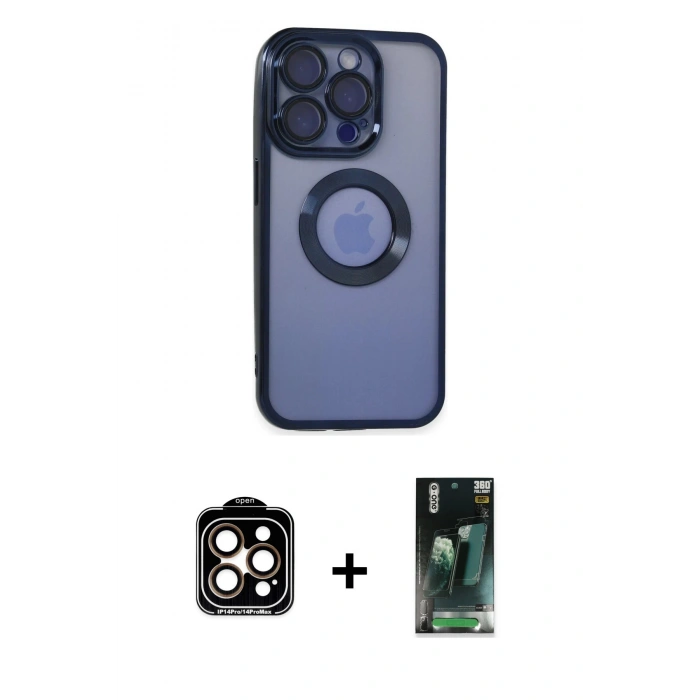 MARSİLYAN™- iPhone 15 Pro Max Kılıf Pusula Form - Şeffaf 360 Full Body Arka Koruyucu + PVD Metal Kamera Lens - TU