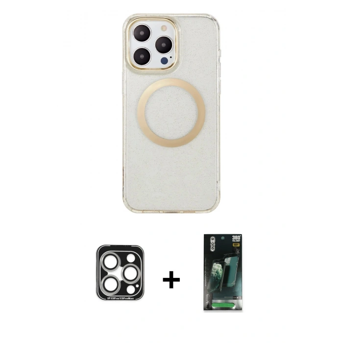 MARSİLYAN™- iPhone 15 Pro Max Kılıf Pusula Form - Şeffaf 360 Full Body Arka Koruyucu + PVD Metal Kamera Lens - GS