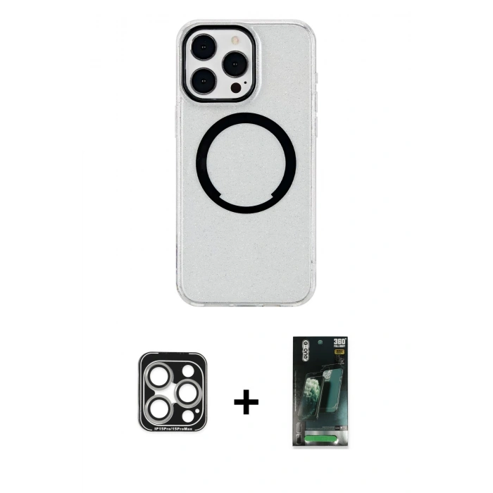 MARSİLYAN™- iPhone 15 Pro Max Kılıf Pusula Form - Şeffaf 360 Full Body Arka Koruyucu + PVD Metal Kamera Lens - GS