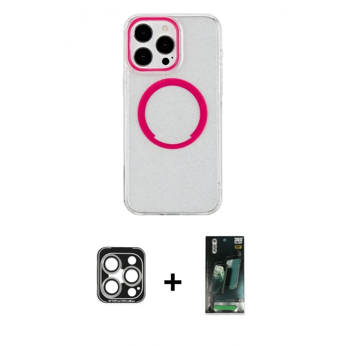 MARSİLYAN™- iPhone 15 Pro Max Kılıf Pusula Form - Şeffaf 360 Full Body Arka Koruyucu + PVD Metal Kamera Lens - GS