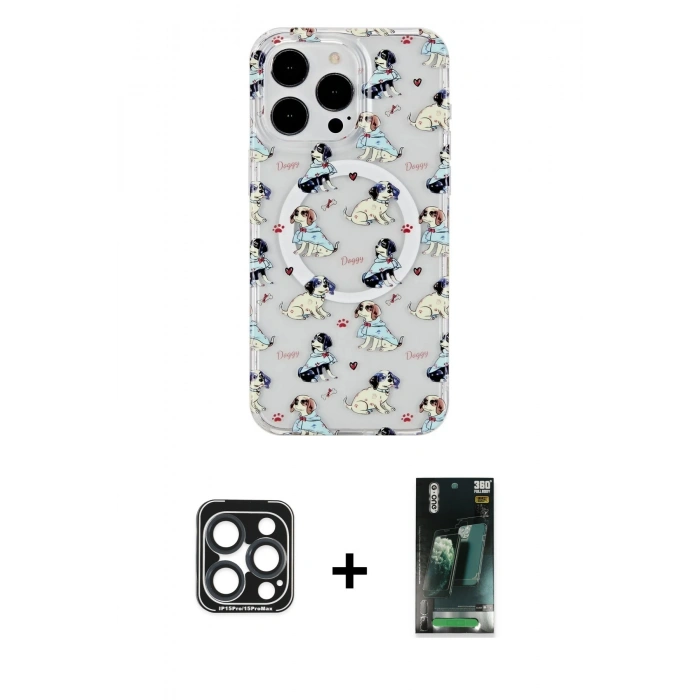 MARSİLYAN™- iPhone 15 Pro Max Kılıf Pusula Form - Şeffaf 360 Full Body Arka Koruyucu + PVD Metal Kamera Lens - LT