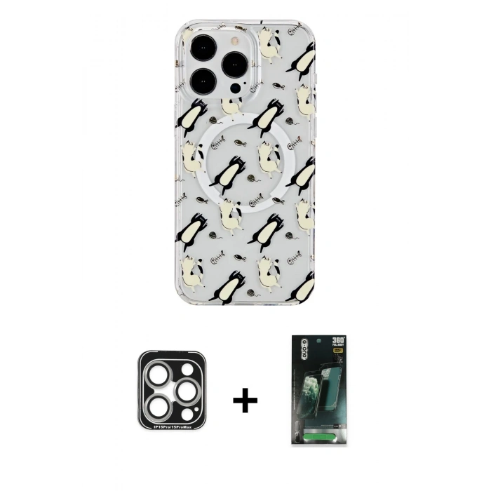 MARSİLYAN™- iPhone 15 Pro Max Kılıf Pusula Form - Şeffaf 360 Full Body Arka Koruyucu + PVD Metal Kamera Lens - GS