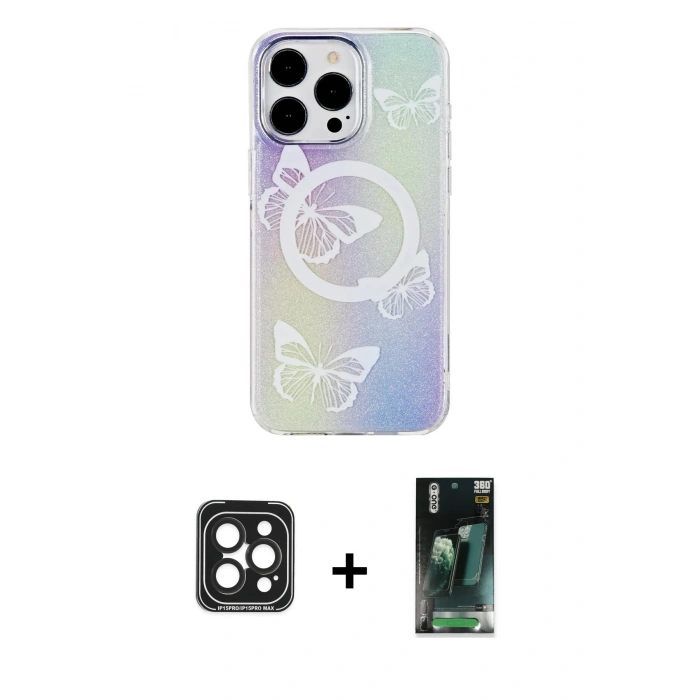 MARSİLYAN™- iPhone 15 Pro Max Kılıf Pusula Form - Şeffaf 360 Full Body Arka Koruyucu + PVD Metal Kamera Lens - SH