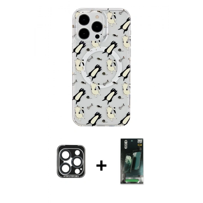 MARSİLYAN™- iPhone 15 Pro Max Kılıf Pusula Form - Şeffaf 360 Full Body Arka Koruyucu + PVD Metal Kamera Lens - LT