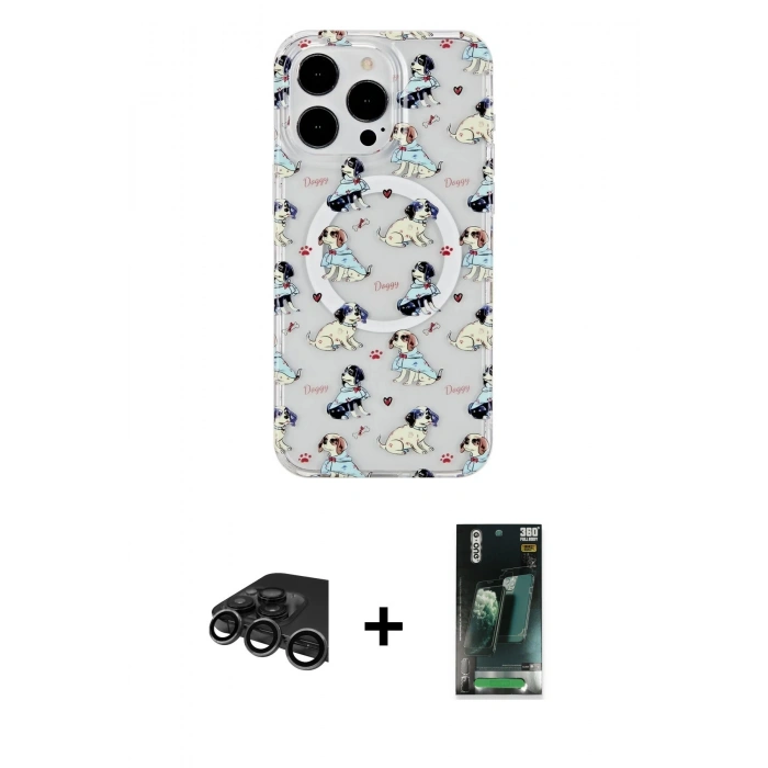 MARSİLYAN™- iPhone 15 Pro Max Kılıf Pusula Form - Şeffaf 360 Full Body Arka Koruyucu + Raze Metal Kamera Lens - TMGI
