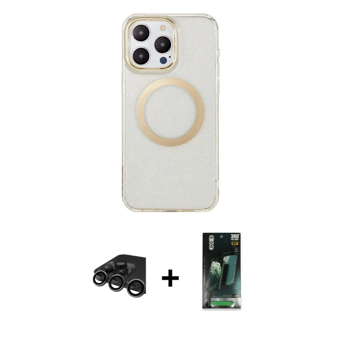 MARSİLYAN™- iPhone 15 Pro Max Kılıf Pusula Form - Şeffaf 360 Full Body Arka Koruyucu + Raze Metal Kamera Lens - TMGI