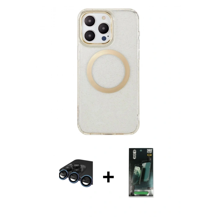 MARSİLYAN™- iPhone 15 Pro Max Kılıf Pusula Form - Şeffaf 360 Full Body Arka Koruyucu + Raze Metal Kamera Lens - LT
