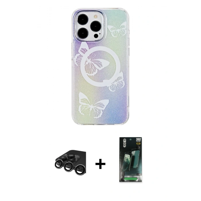 MARSİLYAN™- iPhone 15 Pro Max Kılıf Pusula Form - Şeffaf 360 Full Body Arka Koruyucu + Raze Metal Kamera Lens - TMGI