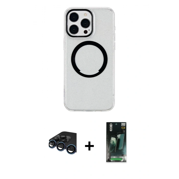 MARSİLYAN™- iPhone 15 Pro Max Kılıf Pusula Form - Şeffaf 360 Full Body Arka Koruyucu + Raze Metal Kamera Lens - LT