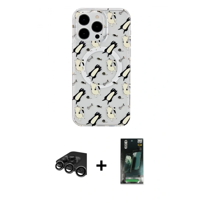 MARSİLYAN™- iPhone 15 Pro Max Kılıf Pusula Form - Şeffaf 360 Full Body Arka Koruyucu + Raze Metal Kamera Lens - TMGI