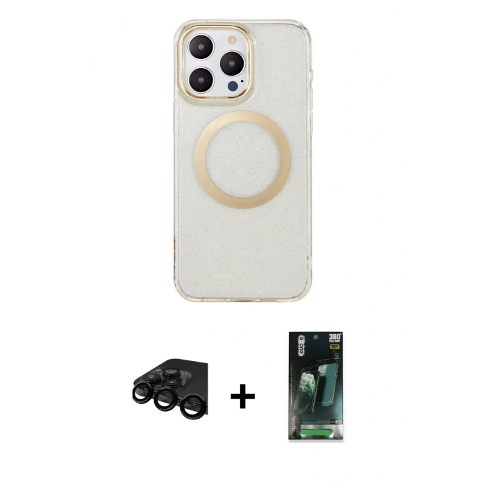 MARSİLYAN™- iPhone 15 Pro Max Kılıf Pusula Form - Şeffaf 360 Full Body Arka Koruyucu + Raze Metal Kamera Lens - SH