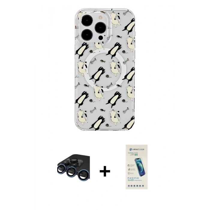 MARSİLYAN™- iPhone 15 Pro Max Kılıf Pusula Form - Şeffaf Pasifik Cam Ekran Koruyucu + Raze Metal Kamera Lens - LT
