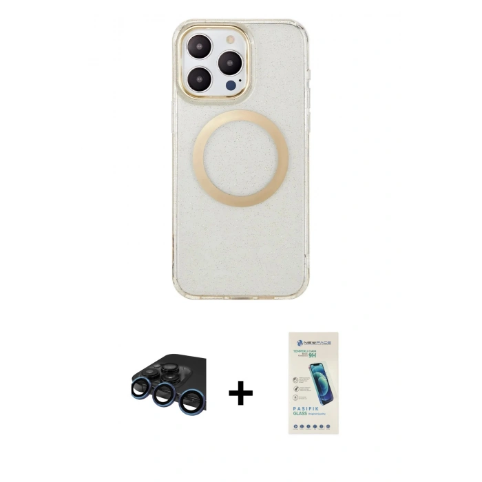 MARSİLYAN™- iPhone 15 Pro Max Kılıf Pusula Form - Şeffaf Pasifik Cam Ekran Koruyucu + Raze Metal Kamera Lens - LT