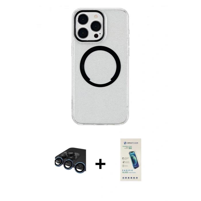 MARSİLYAN™- iPhone 15 Pro Max Kılıf Pusula Form - Şeffaf Pasifik Cam Ekran Koruyucu + Raze Metal Kamera Lens - LT