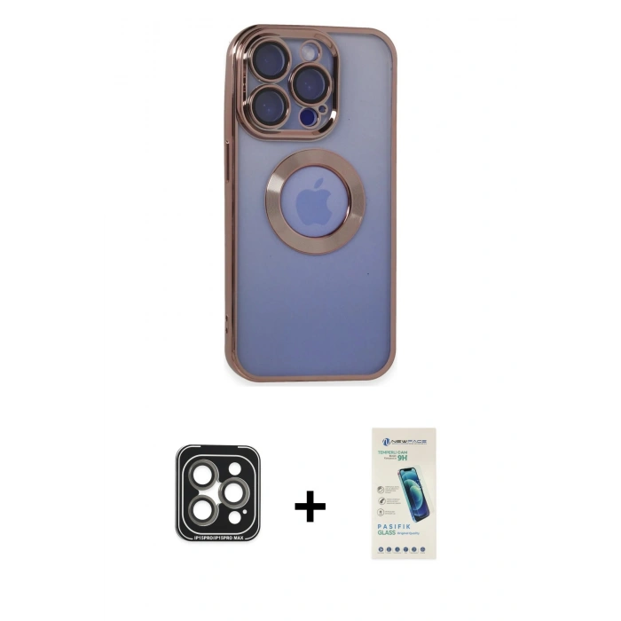 MARSİLYAN™- iPhone 15 Pro Max Kılıf Pusula Form - Şeffaf Pasifik Cam Ekran Koruyucu + PVD Metal Kamera Lens - GI