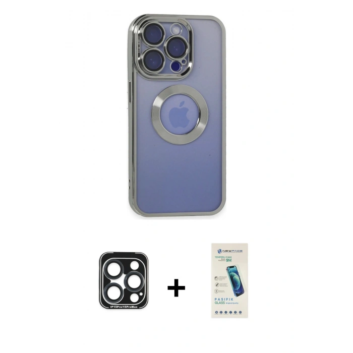 MARSİLYAN™- iPhone 15 Pro Max Kılıf Pusula Form - Şeffaf Pasifik Cam Ekran Koruyucu + PVD Metal Kamera Lens - LT