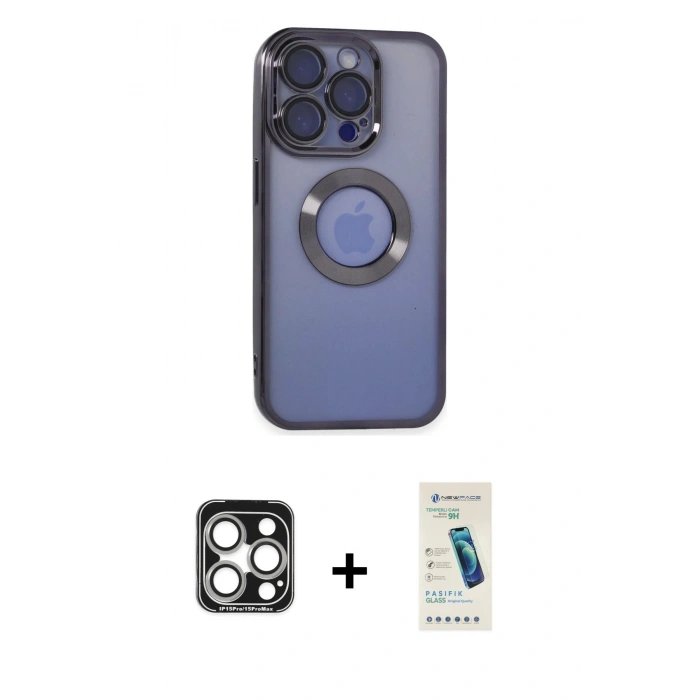 MARSİLYAN™- iPhone 15 Pro Max Kılıf Pusula Form - Şeffaf Pasifik Cam Ekran Koruyucu + PVD Metal Kamera Lens - GS