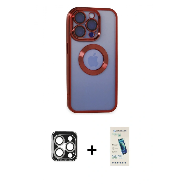 MARSİLYAN™- iPhone 15 Pro Max Kılıf Pusula Form - Şeffaf Pasifik Cam Ekran Koruyucu + PVD Metal Kamera Lens - GS