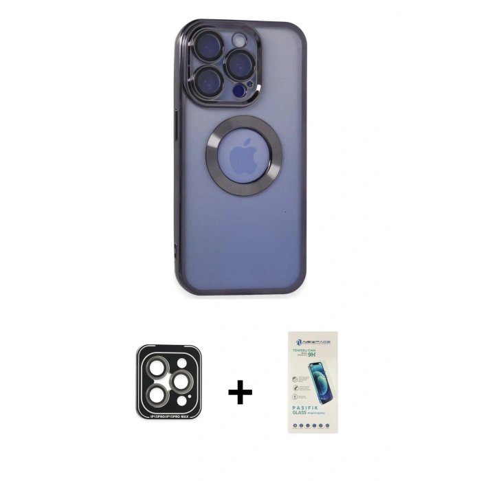 MARSİLYAN™- iPhone 15 Pro Max Kılıf Pusula Form - Şeffaf Pasifik Cam Ekran Koruyucu + PVD Metal Kamera Lens - GI