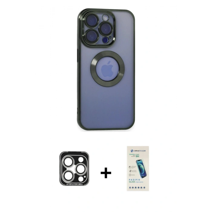 MARSİLYAN™- iPhone 15 Pro Max Kılıf Pusula Form - Şeffaf Pasifik Cam Ekran Koruyucu + PVD Metal Kamera Lens - GS