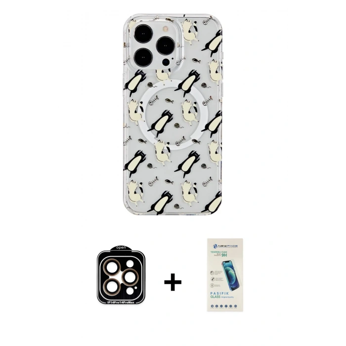 MARSİLYAN™- iPhone 15 Pro Max Kılıf Pusula Form - Şeffaf Pasifik Cam Ekran Koruyucu + PVD Metal Kamera Lens - TU