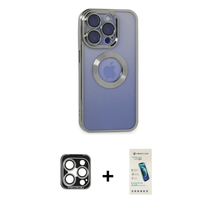 MARSİLYAN™- iPhone 15 Pro Max Kılıf Pusula Form - Şeffaf Pasifik Cam Ekran Koruyucu + PVD Metal Kamera Lens - GS