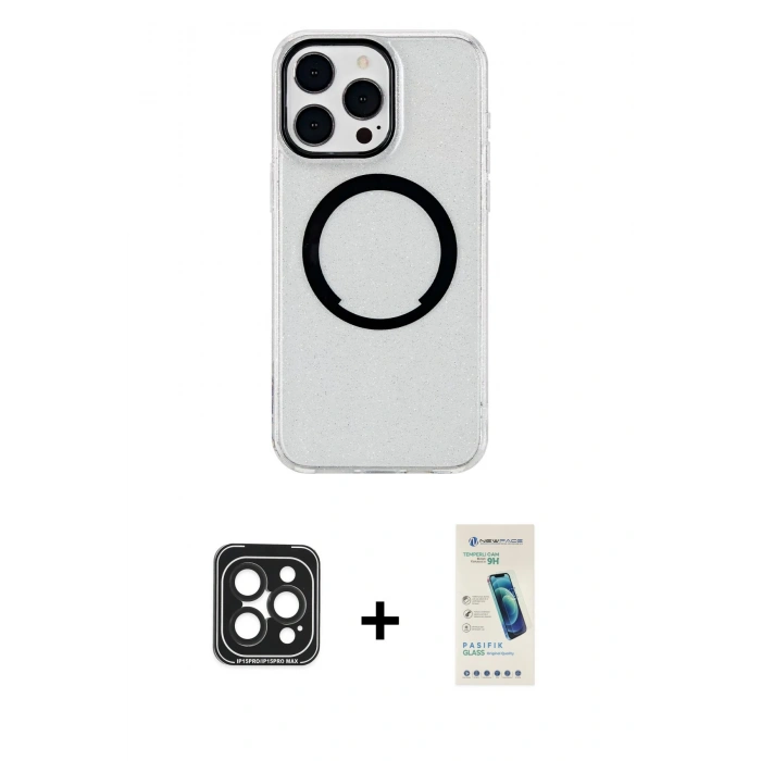 MARSİLYAN™- iPhone 15 Pro Max Kılıf Pusula Form - Şeffaf Pasifik Cam Ekran Koruyucu + PVD Metal Kamera Lens - SH