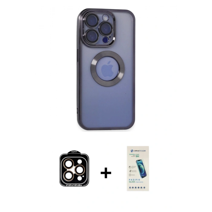 MARSİLYAN™- iPhone 15 Pro Max Kılıf Pusula Form - Şeffaf Pasifik Cam Ekran Koruyucu + PVD Metal Kamera Lens - TU